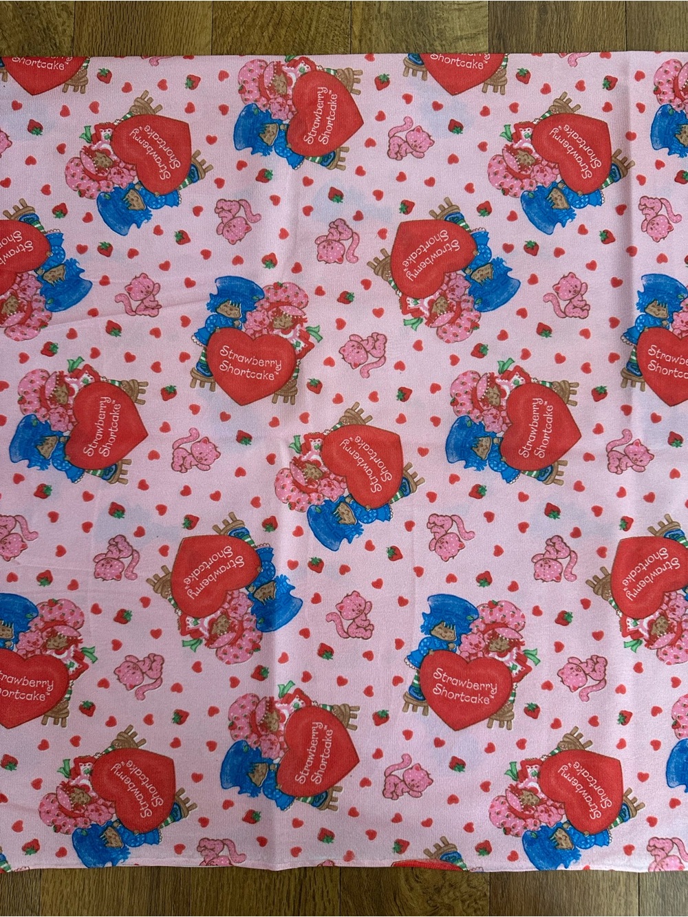 Vintage 1980s Strawberry Shortcake Flannel Fabric Pink Heart Huckleberry Pie